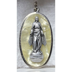 Immaculata Virgin Mary Saint Pendant Silver Metal Faux Mother Pearl Celluloid